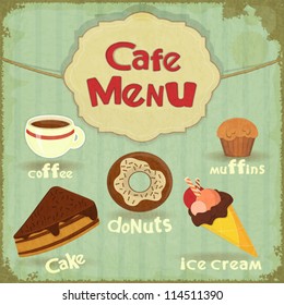 Vintage Cafe Menu - pastry and coffee on retro background - vector illustration