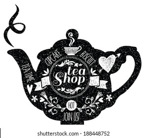  Vintage Cafe Menu with a teapot shape and chalk lettering style in black and white. Vector.