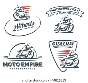 Vintage cafe racer motorcycle logo, badges and emblems isolated on white background.
Motorcycle restoration, service and parts.