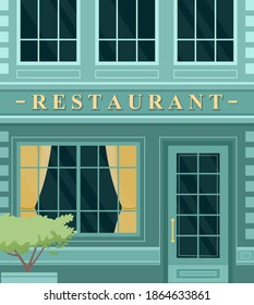 Vintage cafe restaurant house building facade vector illustration. Cartoon European city street with building green exterior, front entrance door, big windows and signboard restaurant background