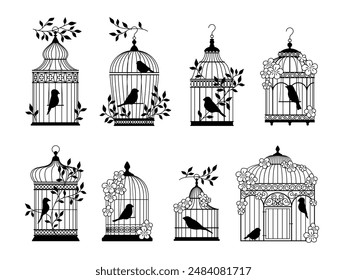 Vintage cages and decorative birds. Dark silhouettes of parrots and canaries houses, steel rods interlacing, freedom and prison, elegant black silhouettes, decorative elements, vector set