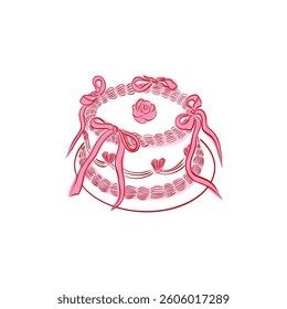 Vintage cake with bows and roses coquette design. Hand drawn sweet romantic cake with cream and decorative elements for birthday, wedding, romantic cards. Vector illustration.
