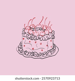 Vintage cake with cherries coquette design. Hand drawn sweet bakery product with decorative hearts cherry cream for birthday, wedding, valentines day cards. Vector illustration.