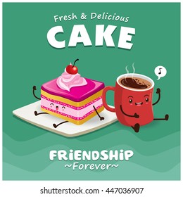 Vintage Cake & Coffee Poster Design With Cake & Coffee Character.