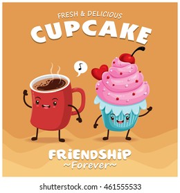 Vintage Cake & Coffee Poster Design With Cake & Coffee Character.