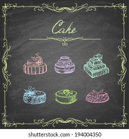 Vintage cake collection. Sketches of cakes  hand-drawn with chalks on blackboard. Vector illustration.