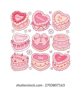 Vintage Cake Collection Vector, Hand Drawn Preppy Valentine Cake Doodle, Girly Coquette Cakes Love Vibes Hand Drawn Design Vector