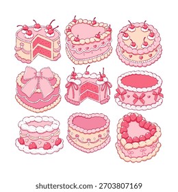 Vintage Cake Collection Vector, Hand Drawn Preppy Valentine Cake Doodle, Girly Coquette Cakes Love Vibes Hand Drawn Design Vector