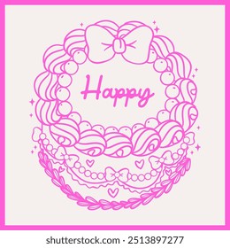 Vintage Cake Coquette bow Doodle Retro Hand Drawn Outline Cake Vector isolated on background