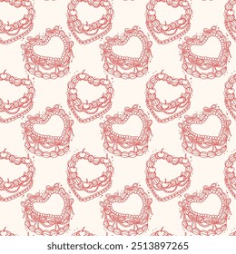 Vintage Cake Coquette outline seamless pattern Retro Hand Drawn isolated on background