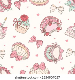 Vintage Cake, Coquette Cake Seamless Pattern. Vector Illustration