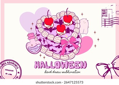 Vintage cake Halloween, coquette cake clipart, whimsical Halloween thrick or treat, Holiday spooky background, Halloween silhouette element, bow clipart, poster,ads, card, wallpaper,Groovy retro ghost