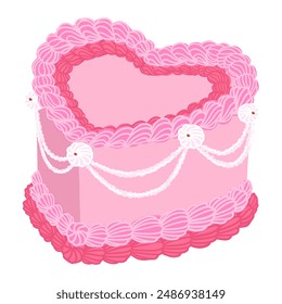 Vintage cake heart shape. Sweet tasty pink cake with cream decoration. Retro trendy style food. Hand drawn isolated vector illustration. Party, birthday, anniversary, valentines celebration design