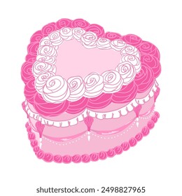 Vintage cake heart shape. Sweet tasty pink cake with rose cream decoration. Retro trendy style food. Hand drawn isolated vector illustration. Party birthday, anniversary, valentines celebration design