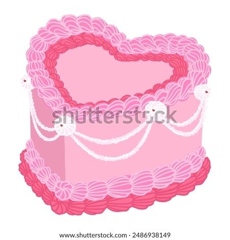 Vintage cake heart shape. Sweet tasty pink cake with cream decoration. Retro trendy style food. Hand drawn isolated vector illustration. Party, birthday, anniversary, valentines celebration design