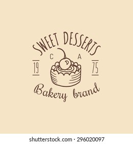 Vintage cake logo. Vector bakery company label. Delicious tasteful cookie typographic poster. Hipster pastry icon. Biscuit sign. Sweet Deserts emblem.