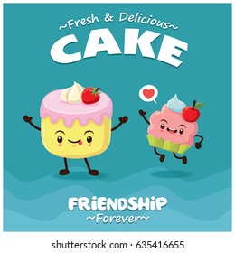 Vintage Cake Poster Design With Vector Cup Cake Character.