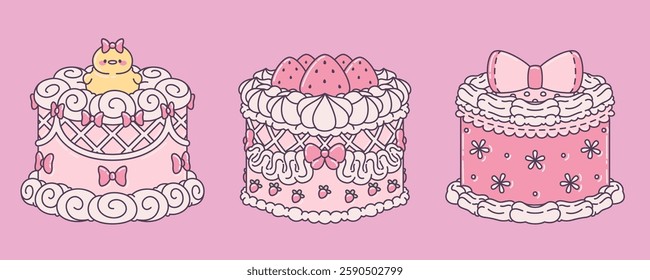 Vintage cake set with pink bows, strawberries, chick, cream swirls on soft rose background. Romantic pastry illustrations decorated with lace patterns, floral elements, tiny ribbons for wedding design