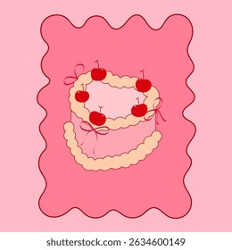 vintage cake topped with cherry and ribbon bow, retro dessert poster for bakery and patisserie branding