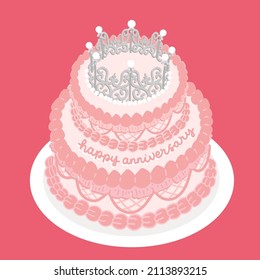 Vintage Cake. Two Tier cake with Crown. Happy Anniversary Cakes. Korean Pink Two Tier Cake Minimalist with Ruffle. Romantic cake for Celebration. Whipped cream and buttercream icing