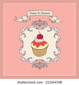 Vintage Cakes Background. Retro Bakery Label. Sweets and Desserts Menu. Vector Poster.