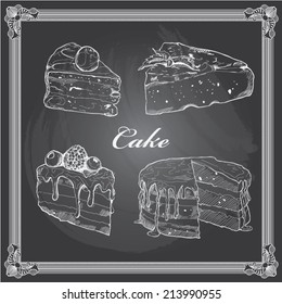 Vintage cakes collection. Sketches of cakes hand-drawn with chalks on blackboard. Vector illustration.