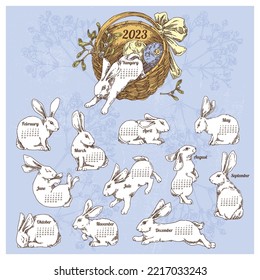 Vintage calendar 2023 year with rabbits. Engraving style. Vector illustration.