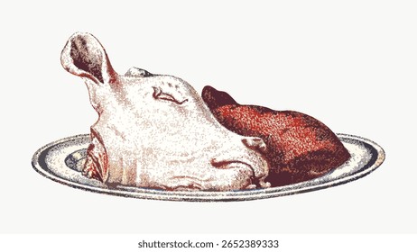 Vintage calf's head and bath chap design element, illustration isolated on white, vector. Vintage hand drawn food illustration, antique drawing, vector. Vintage food dish, meal illustration.