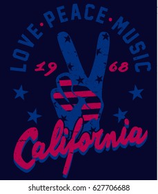 Vintage California Graphic.  Apparel Print. Peace Symbol . Vector Illustration . T shirt Print