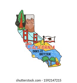 Vintage California map badge with tourist attractions. Retro style US state patch concept, print for t-shirt and other uses. Included quote saying - Cali does it better. Stock vector isolated