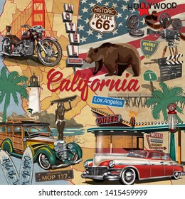 Vintage California Poster With Tourist Attractions On  Map Silhouette Background.