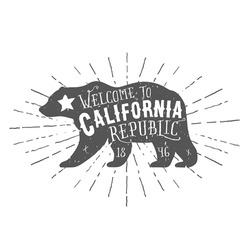 Vintage California Republic Bear With Sunbursts. Grunge Effect Is On A Separate Layer.