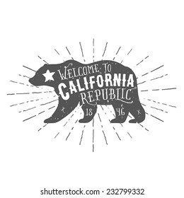 Vintage California Republic bear with sunbursts. Grunge effect is on a separate layer.