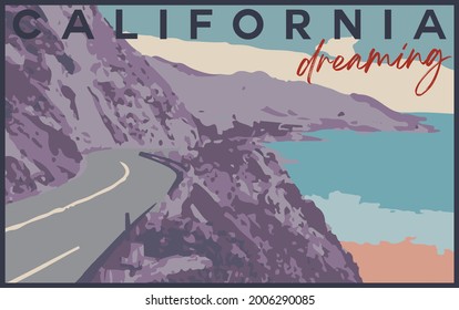 Vintage california road and ocean view illustration print with slogan for graphic tee t shirt or poster - Vector