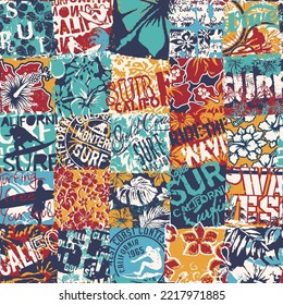 Vintage California surfing elements patchwork grunge abstract vector seamless pattern 