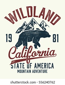 Vintage California typography with mountain and bear  illustration, Outdoor adventure . Vectors for t shirt