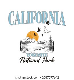 Vintage California Yosemite National park slogan print with sketch landscape view, for girls,womans graphic tee t shirt 