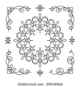 Vintage calligraphic corners and vignettes, set of decorative design elements in retro style, vector scroll embellishment on white