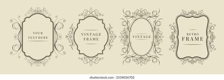 Vintage calligraphic decorative vertical frames set. Elegant retro ornamental borders, floral ornaments. Vector template