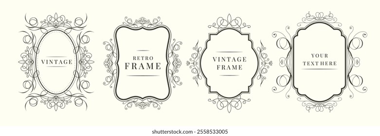 Vintage calligraphic decorative vertical frames template set. Elegant retro ornamental borders, floral ornaments. Vector illustration