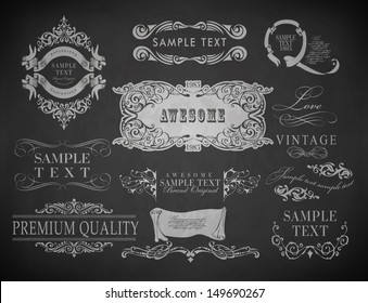 Vintage calligraphic design elements, page decoration and labels of drawing with chalk on blackboard