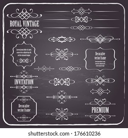 Vintage-kalligrafische Design-Elemente auf Chalkboard-Retro-Hintergrund. Seitendekoration, Trennseiten, Text 