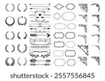 Vintage calligraphic elements. Decorative frames, flourish dividers, borders. Beautiful swirls, sinks decorated with motifs and scrolls. Circle, square and rectangular frames for cards vector