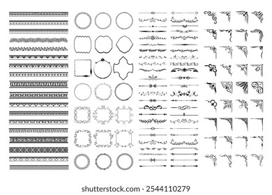 Elementos caligráficos antigos. Quadros decorativos, divisores floreados, bordas. Lindos redemoinhos, pias decoradas com motivos e pergaminhos. Quadros circulares, quadrados e retangulares para cartas vetoriais