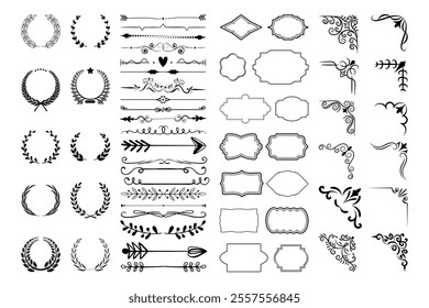 Vintage calligraphic elements. Decorative frames, flourish dividers, borders. Beautiful swirls, sinks decorated with motifs and scrolls. Circle, square and rectangular frames for cards vector