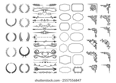 Vintage calligraphic elements. Decorative frames, flourish dividers, borders. Beautiful swirls, sinks decorated with motifs and scrolls. Circle, square and rectangular frames for cards vector