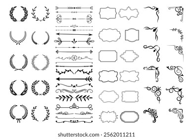 Vintage calligraphic elements. Decorative frames, flourish dividers, borders. Beautiful swirls, sinks decorated with motifs and scrolls. Circle, square and rectangular frames for cards vector