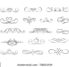 vintage calligraphic elements. Set of several swirled elements. Black and white isolated.