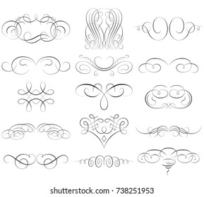 vintage calligraphic elements. Set of several swirled elements. Black and white isolated.