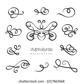 Vintage calligraphic flourishes and curlicues, set of decorative design elements in retro style, vector scroll embellishment on white